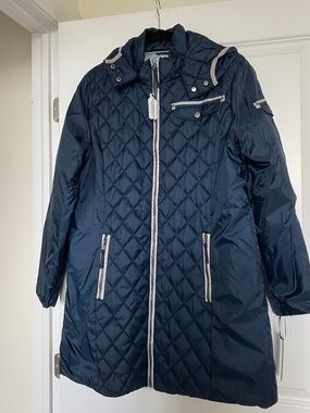 Nuage Navy with grey trim hooded full length Women's coat size 14